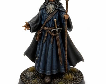 Wandering Grey Wizard – 28mm Fantasy Mage Miniature with Staff – Resin RPG Tabletop Figure