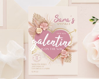 Winter Galentine Baby Shower Party Kit - Printables (Dried Palm Leaves, Pink, Winter Berries, Hearts)