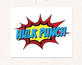 Superhero collection Poster,  Hulk Punch Comic Style (teal, red, yellow, white and black), 8.5x11 Party Sign Poster Instant Download