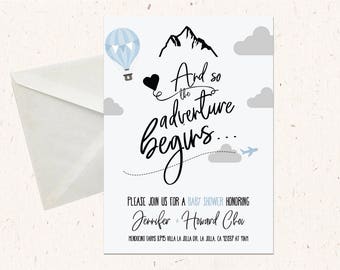 Adventure Begins Baby Shower Kit - Adventure Awaits/Begins - Printable, Gender Neutral, Simple, Modern, Grey, Boy, Blue
