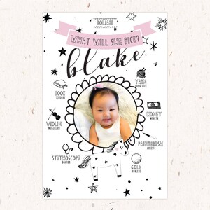 Doljabi Board, Unicorn Dohl / Dol Party, Coreano 1er / primer cumpleaños negro, blanco, rosa doljabi póster