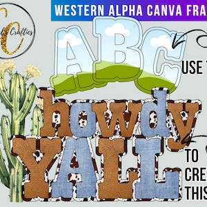Pode incluir: Elementos de design digital com o texto "howdy y'all" em estilo western, com texturas de couro castanho e ganga. A imagem inclui as letras "ABC" com um fundo de céu e relva, e o texto "USE THIS TO CREATE THIS". Um cacto e um logótipo também estão presentes.