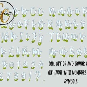 May include: A digital alphabet set featuring uppercase and lowercase letters, numbers, and punctuation marks. Each character has a light blue sky top and a green grassy bottom. The text "FULL UPPER AND LOWER CASE ALPHABET WITH NUMBERS AND SYMBOLS" is included.