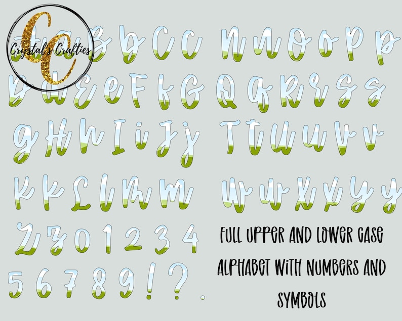 May include: A digital alphabet set featuring uppercase and lowercase letters, numbers, and punctuation marks. Each character has a light blue sky top and a green grassy bottom. The text "FULL UPPER AND LOWER CASE ALPHABET WITH NUMBERS AND SYMBOLS" is included.