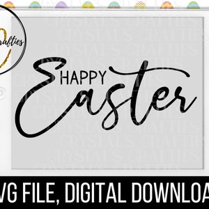 May include: A white tablet screen with the text "Happy Easter" in black cursive font. The tablet is surrounded by a border of colorful Easter eggs.