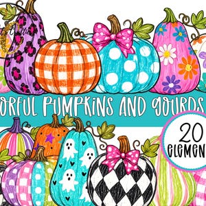 May include: A digital illustration set featuring 20 colorful pumpkins and gourds with various patterns including leopard print, orange gingham, white polka dots, daisies, ghosts, and black and white harlequin diamonds, with the text Colorful Pumpkins and Gourds Set.