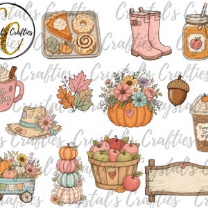 May include: A collection of autumn-themed digital illustrations featuring a pumpkin, a basket of apples, a wagon with flowers, a wooden sign, a mug with the text Cozy Season, a cup with Pumpkin Spice Vibes, boots, and various seasonal treats.
