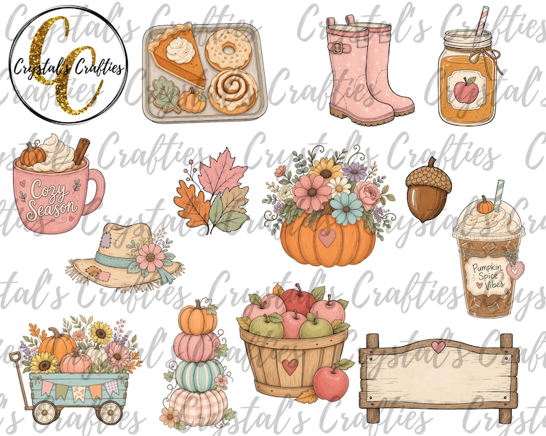 May include: A collection of autumn-themed digital illustrations featuring a pumpkin, a basket of apples, a wagon with flowers, a wooden sign, a mug with the text Cozy Season, a cup with Pumpkin Spice Vibes, boots, and various seasonal treats.