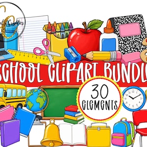 Può includere: Un colorato pacchetto di clipart scolastiche con 30 elementi, tra cui un autobus scolastico giallo, una mela rossa, un mappamondo e vari materiali scolastici. Il testo "SCHOOL CLIPART BUNDLE" è ben visibile.