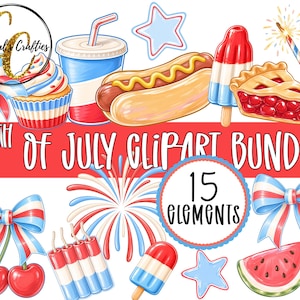 May include: A digital illustration featuring a collection of patriotic 4th of July themed clip art. Includes a cupcake, soda, hot dog, popsicle, pie, fireworks, bows, cherries, watermelon, and stars. The text reads "4th of July Clipart Bundle" and "15 Elements".