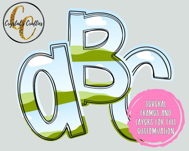Może przedstawiać: Cyfrowy projekt z literami "a", "b" i "r" z krajobrazowym tłem zielonych wzg&oacute;rz i błękitnego nieba. Projekt zawiera tekst "Kilka ramek i warstw dla pełnej personalizacji" w r&oacute;żowym okręgu oraz logo "Crystal's Crafties".