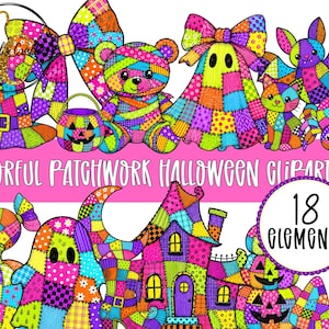 May include: A digital collection of 18 colorful patchwork Halloween clipart elements including a witch hat, pumpkin bucket, teddy bear, ghost, bat, cat, spider, candy, house, and broomstick. The text reads Crystal's Crafts, Colorful Patchwork Halloween Clipart Set, and 18 elements.