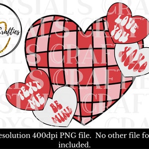 May include: A red and pink checkered heart with four smaller hearts surrounding it. The smaller hearts have the following text: "Text Me", "Be Mine", "Love You", and "XOXO".