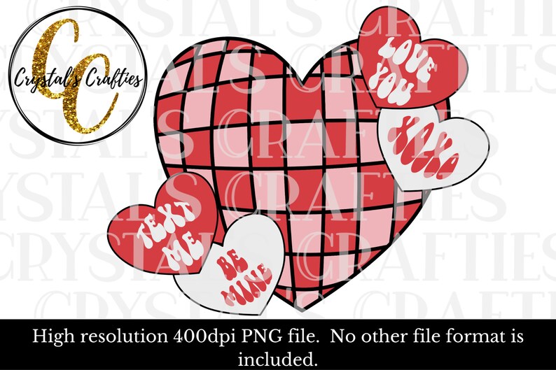 May include: A red and pink checkered heart with four smaller hearts surrounding it. The smaller hearts have the following text: "Text Me", "Be Mine", "Love You", and "XOXO".