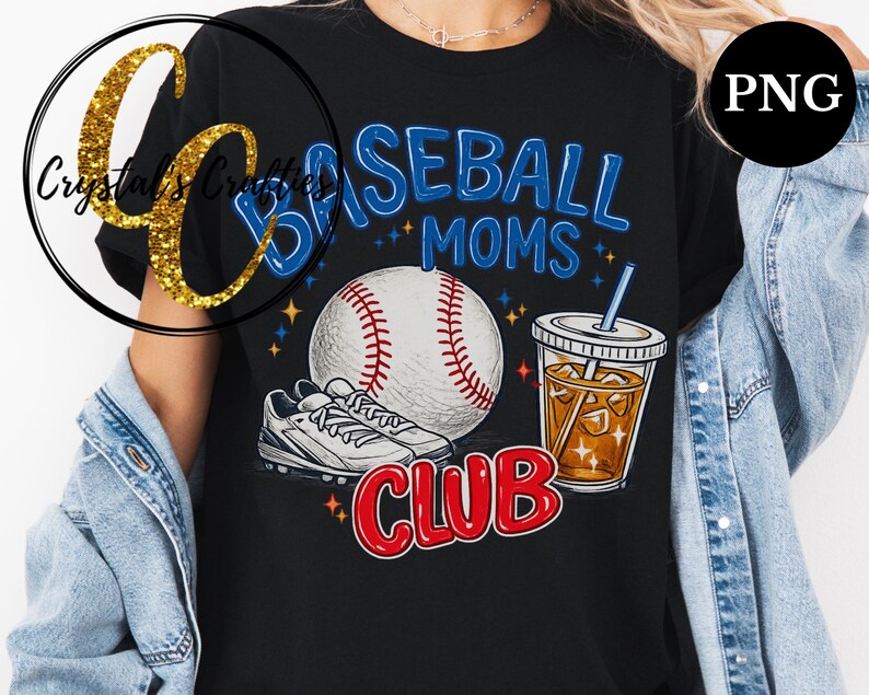 May include: Black t-shirt with a baseball-themed graphic. The design includes the words "Baseball Moms Club" in blue and red, a baseball, a pair of sneakers, and a drink with ice.
