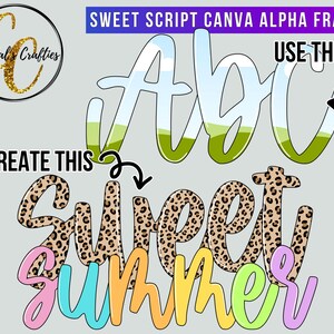 Può includere: Risorsa di design grafico digitale intitolata Sweet Script Canva Alpha Frames. Presenta le lettere A, B, C con contorno bianco riempite con una scena paesaggistica e le parole Sweet Summer in stampa leopardata e colori pastello con frecce nere.