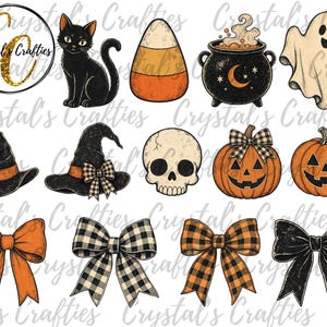 May include: A collection of Halloween-themed digital illustrations featuring a black cat, candy corn, a bubbling cauldron, a ghost, two witch hats, a skull, two jack-o'-lanterns, and four decorative bows in orange, black, and plaid patterns.