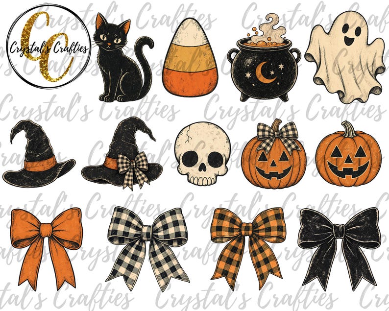 May include: A collection of Halloween-themed digital illustrations featuring a black cat, candy corn, a bubbling cauldron, a ghost, two witch hats, a skull, two jack-o'-lanterns, and four decorative bows in orange, black, and plaid patterns.