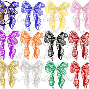 May include: A collection of twelve decorative bows in various colors, including blue, yellow, pink, purple, orange, black, red, gold, white, and green. Each bow features a gingham checkered pattern and a string of white pearls draped across the center.