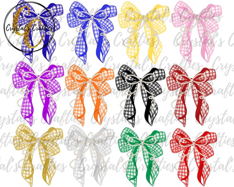 May include: A collection of twelve decorative bows in various colors, including blue, yellow, pink, purple, orange, black, red, gold, white, and green. Each bow features a gingham checkered pattern and a string of white pearls draped across the center.
