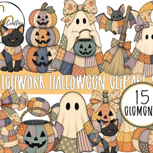 Patchwork Halloween Clipart Bundle, Quilted Halloween POD Graphics, Cottagecore Halloween Clipart Set