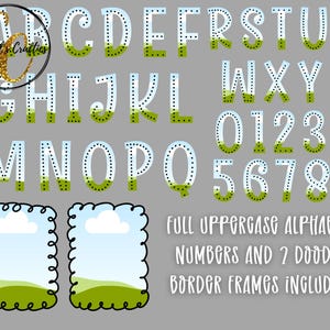 May include: A digital design set featuring a full uppercase alphabet, numbers, and two doodle border frames. The letters and numbers have a white and blue design with green accents. The text in the image says "FULL UPPERCASE ALPHABET, NUMBERS AND 2 DOODLE BORDER FRAMES INCLUDED."