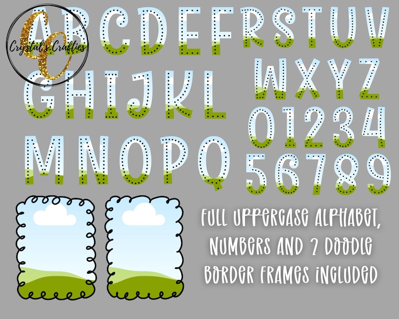 May include: A digital design set featuring a full uppercase alphabet, numbers, and two doodle border frames. The letters and numbers have a white and blue design with green accents. The text in the image says "FULL UPPERCASE ALPHABET, NUMBERS AND 2 DOODLE BORDER FRAMES INCLUDED."