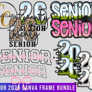 Könnte beinhalten: Eine Sammlung digitaler Designs mit dem Text "Senior 2026". Die Designs beinhalten die Zahlen "26" und das Wort "Senior" in verschiedenen Schriftarten und Stilen, mit einer Abschlusskappe und einer Schleife. Die Designs sind in verschiedenen Farben.