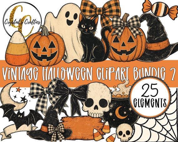 Classic Halloween PNG Bundle, Vintage Halloween Clipart Bundle, Nostalgic Halloween Clipart Set