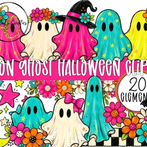 Neon Ghost Halloween Clipart Set, Preppy Ghost Halloween PNG, Neon Halloween Clipart Bundle