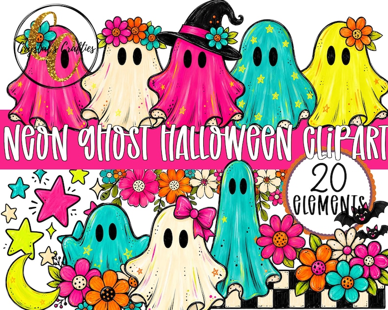 Neon Ghost Halloween Clipart Set
