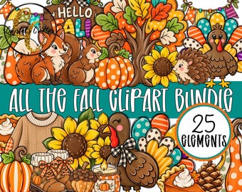 May include: A digital illustration collection featuring autumn-themed elements including a fox, squirrel, hedgehog, turkeys, pumpkins, sunflowers, a sweater, boots, and a pinecone. The text reads ALL THE FALL CLIPART BUNDLE and 25 ELEMENTS.