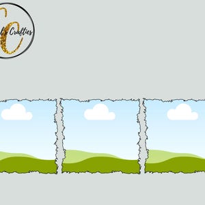 May include: Three digital printable scrapbook paper designs with a torn edge effect. Each design features a blue sky with a white cloud and a green grassy hill.