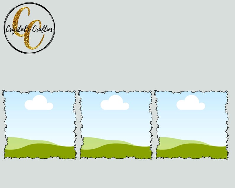 May include: Three digital printable scrapbook paper designs with a torn edge effect. Each design features a blue sky with a white cloud and a green grassy hill.