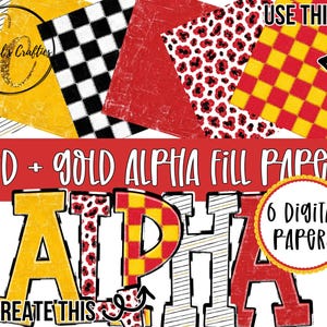 May include: A set of six digital papers featuring red and gold patterns including checkered, leopard print, and striped designs. The text reads Red + Gold Alpha Fill Papers, 6 Digital Papers, and To Create This. The logo says Crystal's Crafties.