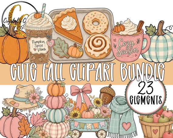Cute Fall Clipart Bundle, Pumpkin Spice Clipart Set, Cozy Fall PNG Bundle, Preppy Autumn Clipart