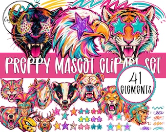 Preppy Mascot Clipart Set PNG, Neon School Spirit Mascot Bundle, Spirit Wear Design PNG Bundle