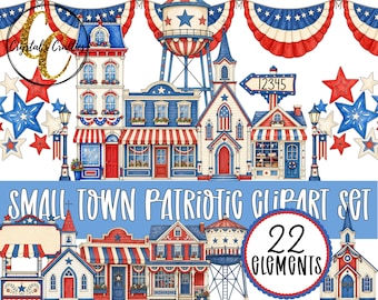 Small Town 4th of July Clipart Bundle, Patriotic Small Town Scene Setter Kit, Patriotic Hometown PNG Bundle