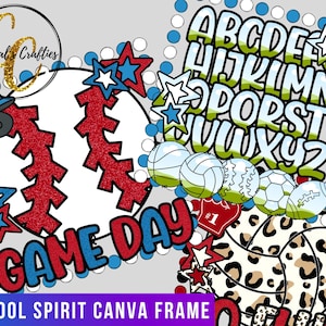 Puede incluir: Un diseño digital con un béisbol, voleibol, fútbol y fútbol americano, con detalles en rojo, blanco y azul. El diseño incluye el texto "GAME DAY" y un alfabeto, ideal para proyectos de espíritu escolar. También incluye el texto "SCHOOL SPIRIT CANVA FRAME".