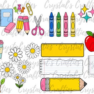 May include: A collection of colorful school supplies and floral elements. Includes pencils, scissors, crayons, a ruler, a notebook, an eraser, a coffee cup, daisies, and a red apple. The image has a cartoon style.