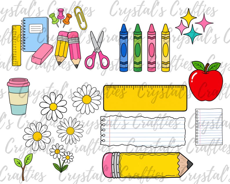 May include: A collection of colorful school supplies and floral elements. Includes pencils, scissors, crayons, a ruler, a notebook, an eraser, a coffee cup, daisies, and a red apple. The image has a cartoon style.