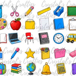 K&ouml;nnte beinhalten: Eine Sammlung farbenfroher Illustrationen zum Thema Schule, darunter ein roter Apfel, ein gelber Bleistift, ein blauer Rucksack und ein gelber Schulbus. Weitere Artikel sind ein Laptop, eine Uhr und ein Globus.