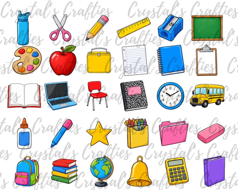 K&ouml;nnte beinhalten: Eine Sammlung farbenfroher Illustrationen zum Thema Schule, darunter ein roter Apfel, ein gelber Bleistift, ein blauer Rucksack und ein gelber Schulbus. Weitere Artikel sind ein Laptop, eine Uhr und ein Globus.