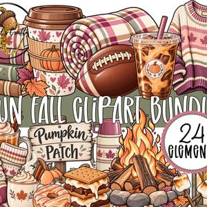 May include: A digital illustration collection featuring fall-themed elements including a coffee cup, plaid blanket, football, iced coffee, sweater, books, pumpkin patch sign, socks, s'mores, campfire, and lantern with the text Fun Fall Clipart Bundle.