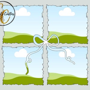 May include: A digital scrapbook page with a blue sky, white clouds, and green hills. The page is decorated with a white ribbon tied in a bow.
