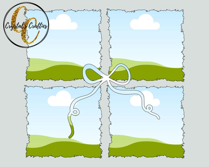 May include: A digital scrapbook page with a blue sky, white clouds, and green hills. The page is decorated with a white ribbon tied in a bow.