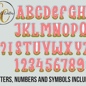 May include: A set of pink and green alphabet letters, numbers, and symbols. The letters are outlined in white and have a green grass design at the bottom. The numbers are outlined in white and have a green grass design at the bottom. The symbols are outlined in white and have a green grass design at the bottom.