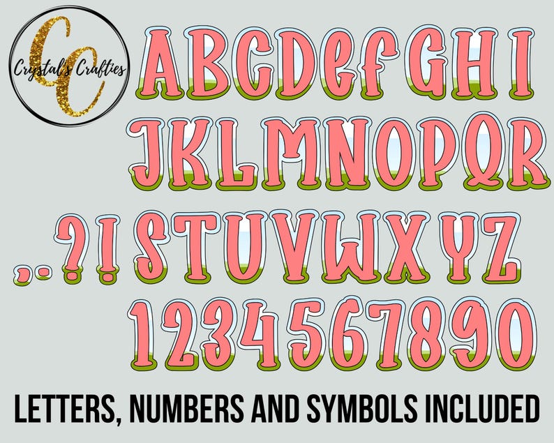 May include: A set of pink and green alphabet letters, numbers, and symbols. The letters are outlined in white and have a green grass design at the bottom. The numbers are outlined in white and have a green grass design at the bottom. The symbols are outlined in white and have a green grass design at the bottom.