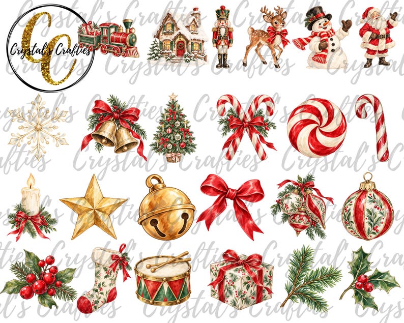 May include: A collection of Christmas-themed illustrations including a train, house, nutcracker, reindeer, snowman, Santa, snowflake, bells, tree, candy canes, peppermint, candle, star, jingle bell, bow, ornaments, stocking, drum, gift, and holly.