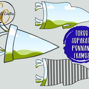 May include: Three separate pennant frames featuring a landscape design with green hills, blue sky, and white clouds. One pennant has a grey and white vertical striped pattern. The image includes the text Crystal's Crafties and Three Separate Pennant Frames.